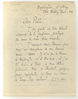 Carta manuscrita firmada de Alexis Lager [escritor francés] a Juan Guzmán Cruchaga con motivo de ...