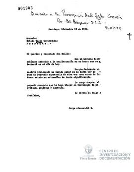 Carta firmada por Jorge Alessandri Rodríguez a Monseñor Emilio Tagle Covarrubias en la que data d...
