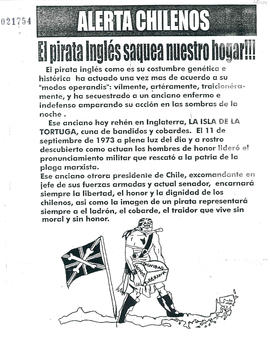 Copia de panfleto sobre la captura de Augusto Pinochet en Londres