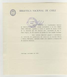 Carta de agradecimiento firmada a nombre de la Biblioteca Nacional a Raquel Tapia Caballero con m...