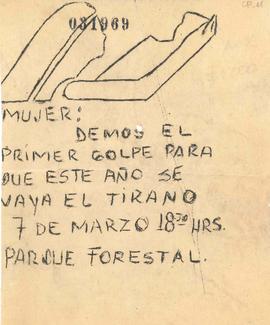 Panfleto con motivo de convocatoria a marcha del día de la mujer contra el Régimen de Pinochet