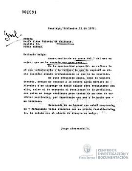 Carta de Jorge Alessandri a María Elena Vukovic de Calcutta