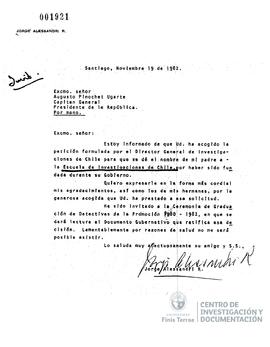 Carta firmada de Jorge Alessandri Rodríguez a Augusto Pinochet Ugarte en la que es invitado a la ...