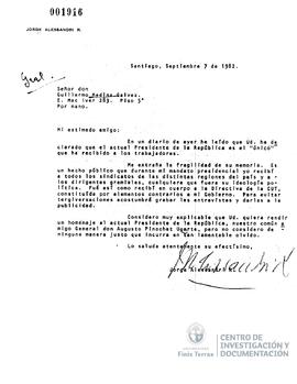 Carta firmada de Jorge Alessandri a Guillermo Medina.