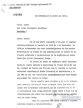 Carta dirigida a  Jorge Alessandri Rodríguez para darle aviso de situación en Paillihue