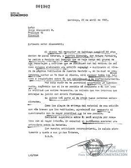 Carta firmada de Luis Arturo Director de El Mercurio a Jorge Alessandri Rodríguez en la que le ha...