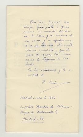 Carta firmada de Ricardo Domenech a Juan Guzmán Cruchaga y Raquel Tapia Caballero con motivo de a...