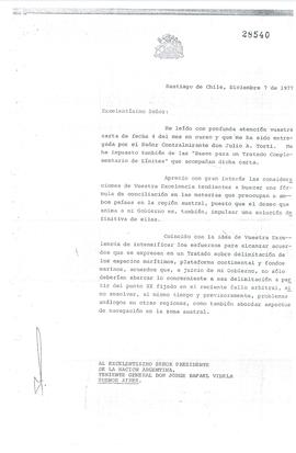 Carta de Augusto Pinochet al teniente general Jorge Rafael Videla, presidente de facto de la Repú...