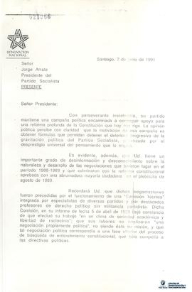 Carta firmada de Carlos Reymond y Andrés Allamand a Jorge Arrate