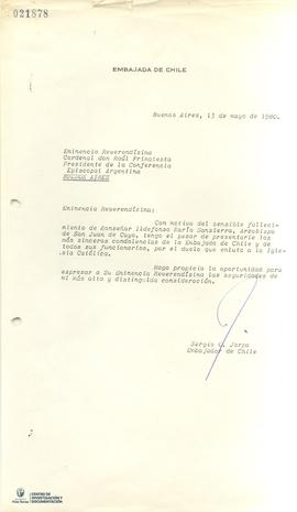 Carta firmada de Sergio Onofre Jarpa a Cardenal Raúl Primatesta