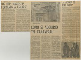 Recorte de prensa de El Mercurio con notas: "Los jefes marxistas corrieron a aislarse",...