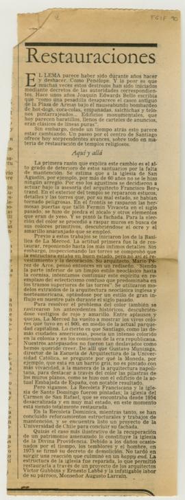 Recorte de prensa de nota titulada "Restauraciones en el Centro de Santiago. Manos a la obra...