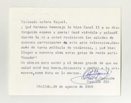 Tarjeta de saludo firmada de Carlos R. Ibacache a Raquel Caballero Tapia con motivo de homenaje t...