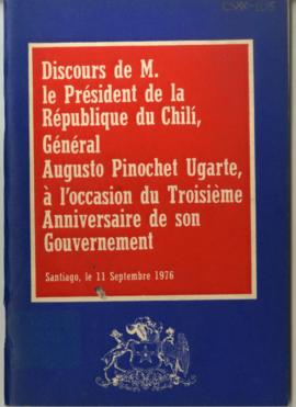 Libro con discurso en francés de Augusto Pinochet, con motivo de la conmemoración del tercer aniv...