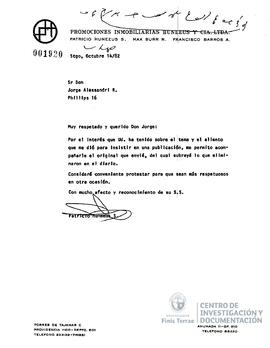 Carta firmada de Patricio Huneeus Salas a Jorge Alessandri Rodriguez en la que aluden a una publi...
