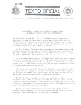 Nota de prensa sobre declaraciones de Henry Kissinger sobre Cuba y sobre ayuda para la seguridad