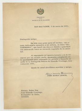 Carta firmada de José María Lemus a Juan Guzmán Cruchaga con motivo de agradecimiento por el enví...