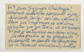 Tarjeta manuscrita firmada de Rafael Cansinos Assens a Juan Guzmán Cruchaga con motivo de agradec...