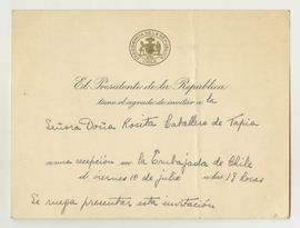 Carta de invitación del presidente de Chile [desconocido] a Rosita Caballero de Tapia a una recep...