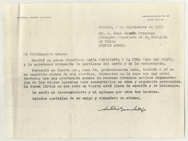 Carta firmada de Rafael Antonio Buero Vallejo a Juan Guzmán Cruchaga con motivo de agradecimiento...