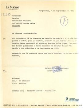 Carta firmada de Patricio Yañez Orellana a Sergio Onofre Jarpa con reporte de prensa adjunto