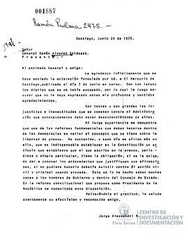 Carta de Jorge Alessandri a Ramón Álvarez Goldsack