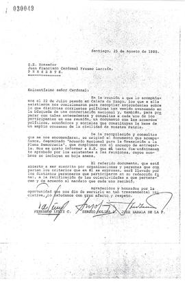 Carta firmada por Fernando Leniz, Sergio Molina y José Zabala a Juan Francisco Fresno Larraín y u...