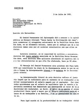 Carta firmada de José Piñera a Bernardino Piñera en la que comenta el Rerum Novarum