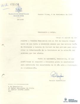 Carta firmada de Pío Laghi a Sergio Onofre Jarpa