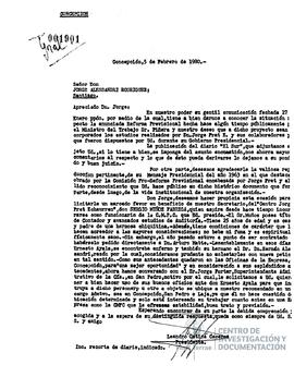Carta firmada de Leandro Gatica Cáceres a Jorge Alessandri Rodríguez en la que aluden a la Reform...
