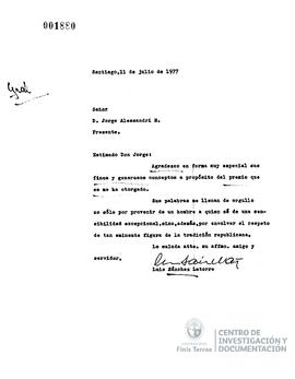 Carta de agradecimiento de Luis Sánchez Latorre a Jorge Alessandri