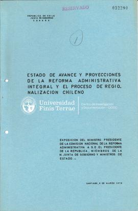 Estado de avance y proyecciones de la reforma administrativa integral y el proceso de regionaliza...