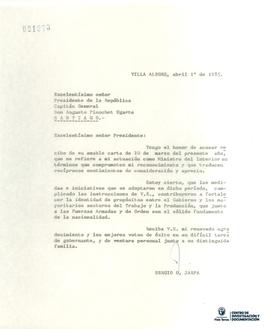Carta Firmada de Sergio Onofre Jarpa a don Augusto Pinochet Ugarte