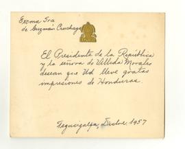 Tarjeta manuscrita de parte del presidente de Honduras y su esposa con motivo de buenos deseos pa...
