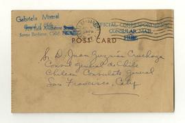 Carta postal manuscrita y firmada de Gabriela Mistral dirigida a Juan Guzmán Cruchaga con motivo ...