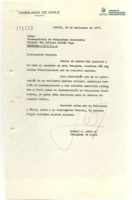 Carta firmada de Sergio Onofre Jarpa al General Enrique Valdés Puga