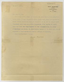 Carta firmada de Henri Barbusse [poeta francés] a Juan Guzmán Cruchaga con motivo de agradecimien...
