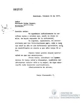 Carta de Jorge Alessandri a Fernando Palma Rogers
