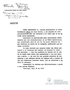 Carta de Jorge Alessandri Rodríguez a Hermógenes Pérez de Arce Ibieta
