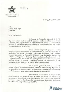 Carta firmada de Alberto Espina a Sergio Onofre Jarpa