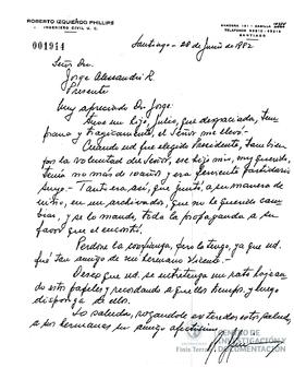 Carta manuscrita de Roberto Izquierdo a Jorge Alessandri