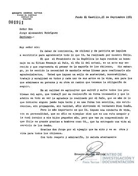 Carta firmada de Ernesto Correa Gatica a Jorge Alessandri Rodrìguez en la que le agradece su gest...