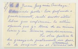 Copia de tarjeta manuscrita firmada de Rafael Cansinos Assens a Juan Guzmán Cruchaga con motivo d...