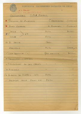 Documento manuscrito de nómina de obras organizadas por temáticas, autores, formatos y localización