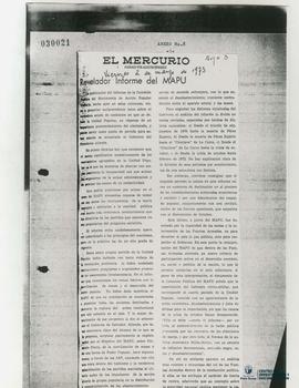 Fotocopia de recorte de prensa de El Mercurio, "Revelador del Informe MAPU"