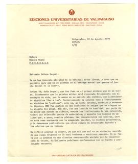 Carta de condolencias en nombre de Ediciones Universitarias de Valparaíso a Raquel Tapia Caballer...