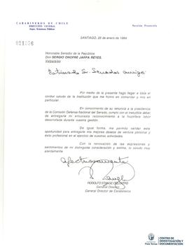 Carta firmada de Rodolfo Stange a Sergio Onofre Jarpa