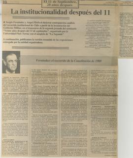 Recorte de prensa de La Segunda con artículo de Sergio Fernández, titulado "La institucional...