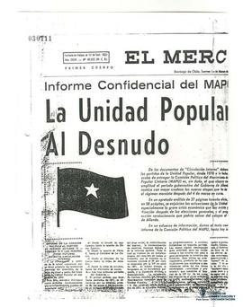 Fotocopia de recorte de prensa de El Mercurio. Reportaje sobre la Unidad Popular: "Informe c...