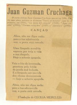 Recorte de prensa de poema "Canção" de Juan Guzmán Cruchaga, traducido por Cecilía Meir...